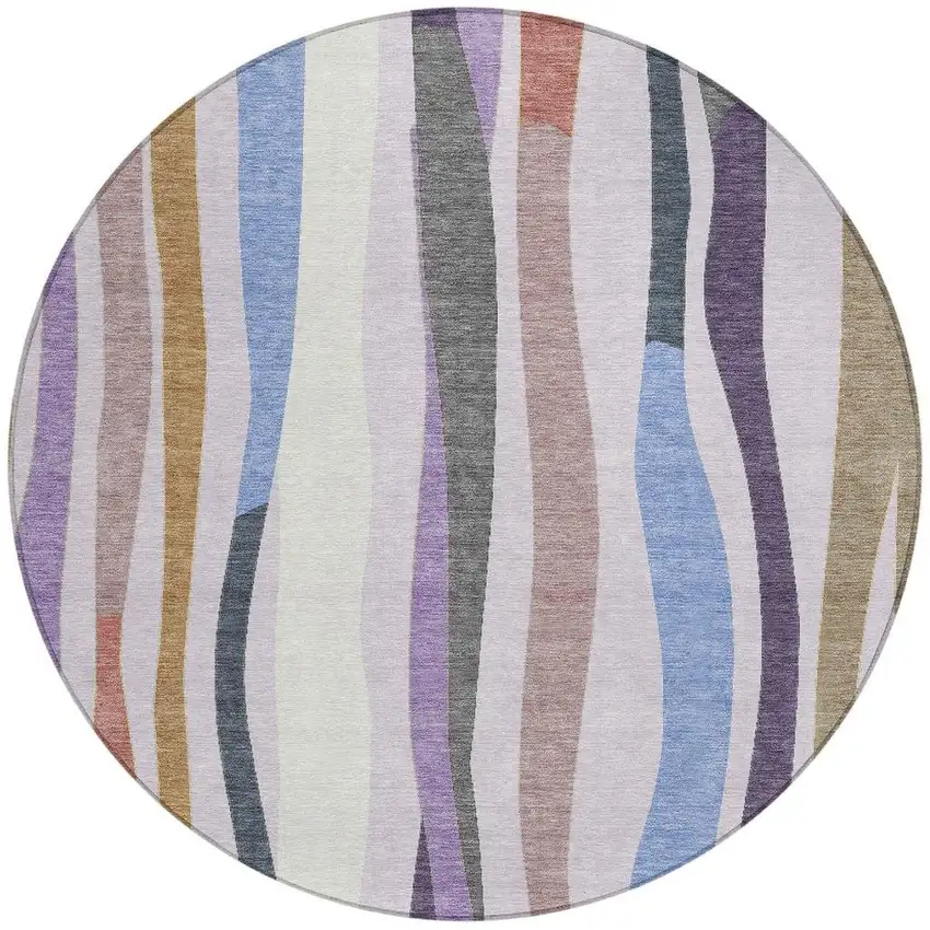 8' Lavender Ivory And Taupe Round Striped Washable Indoor Outdoor Area Rug Photo 3