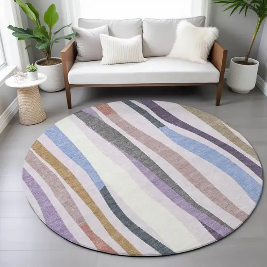 8' Lavender Ivory And Taupe Round Striped Washable Indoor Outdoor Area Rug Photo 7