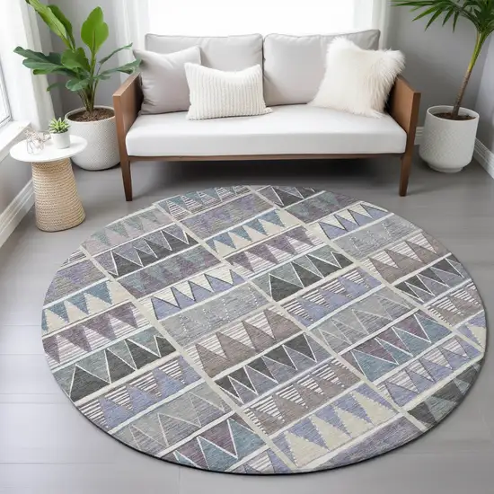 8' Lavender Ivory Taupe And Denim Blue Round Geometric Washable Indoor Outdoor Area Rug Photo 7