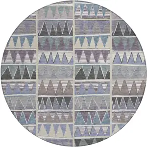 Photo of 8' Lavender Ivory Taupe And Denim Blue Round Geometric Washable Indoor Outdoor Area Rug