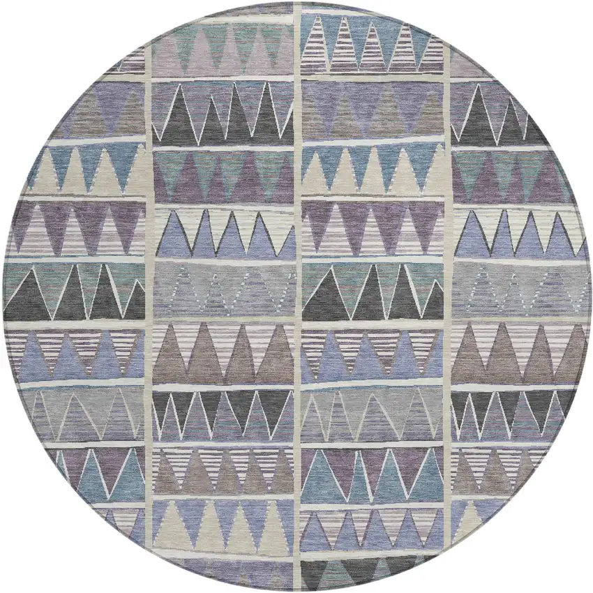 8' Lavender Ivory Taupe And Denim Blue Round Geometric Washable Indoor Outdoor Area Rug Photo 1
