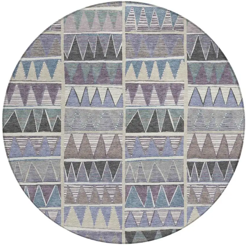 8' Lavender Ivory Taupe And Denim Blue Round Geometric Washable Indoor Outdoor Area Rug Photo 3