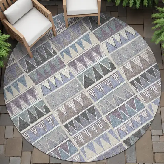 8' Lavender Ivory Taupe And Denim Blue Round Geometric Washable Indoor Outdoor Area Rug Photo 6