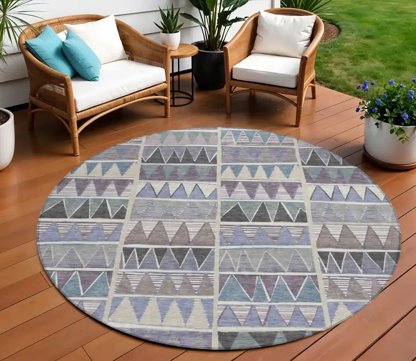 8' Lavender Ivory Taupe And Denim Blue Round Geometric Washable Indoor Outdoor Area Rug Photo 2