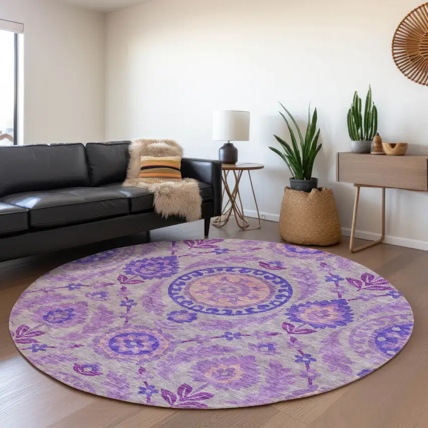 8' Lavender Lilac And Gray Round Floral Washable Indoor Outdoor Area Rug Photo 7