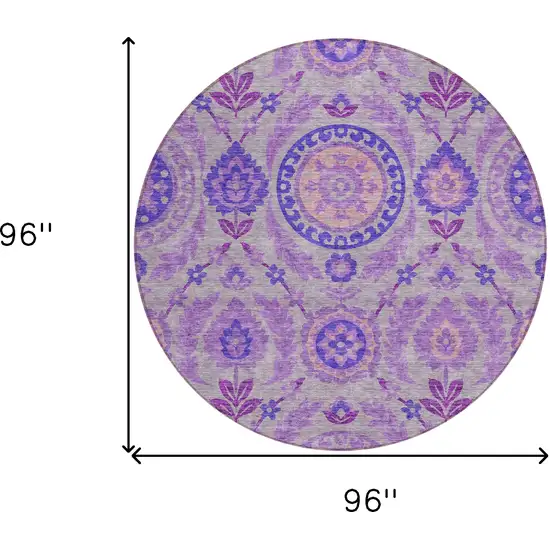 8' Lavender Lilac And Gray Round Floral Washable Indoor Outdoor Area Rug Photo 8