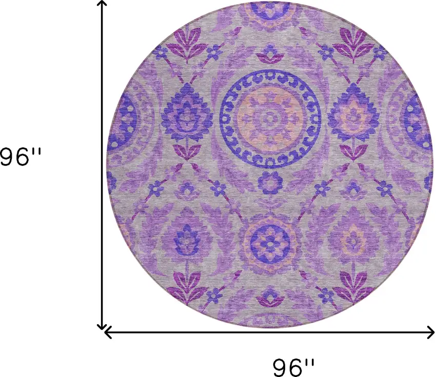 8' Lavender Lilac And Gray Round Floral Washable Indoor Outdoor Area Rug Photo 8