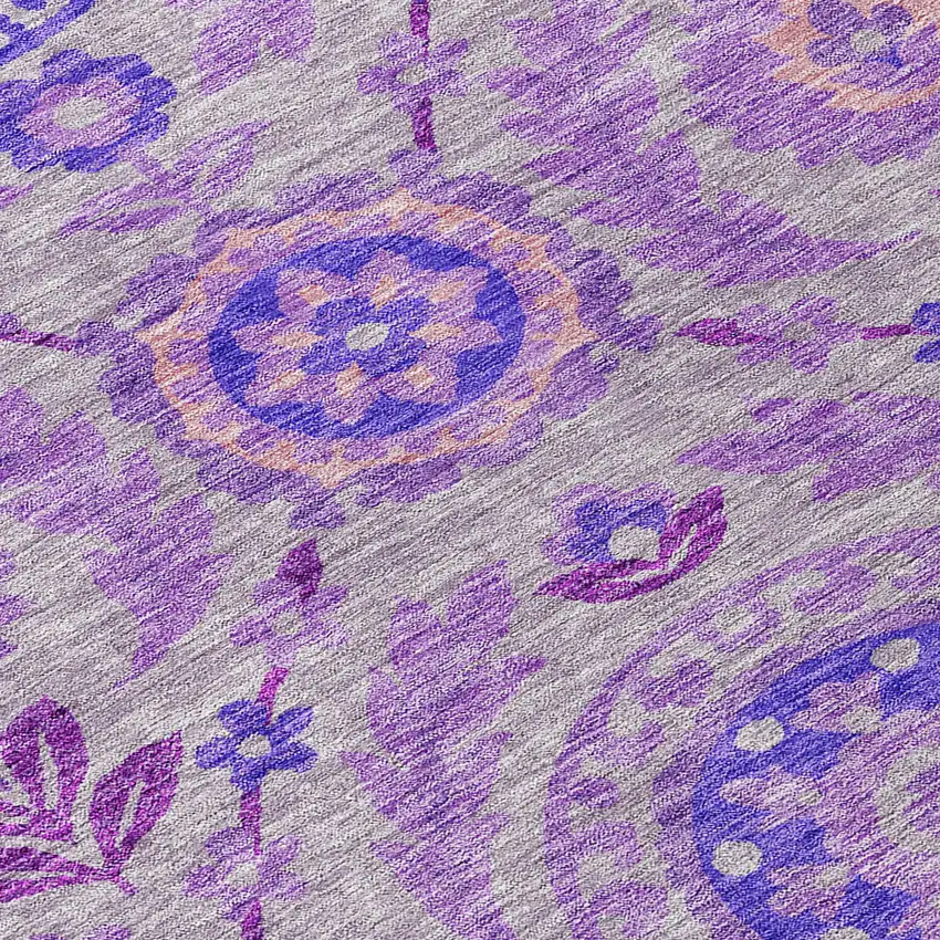 8' Lavender Lilac And Gray Round Floral Washable Indoor Outdoor Area Rug Photo 4