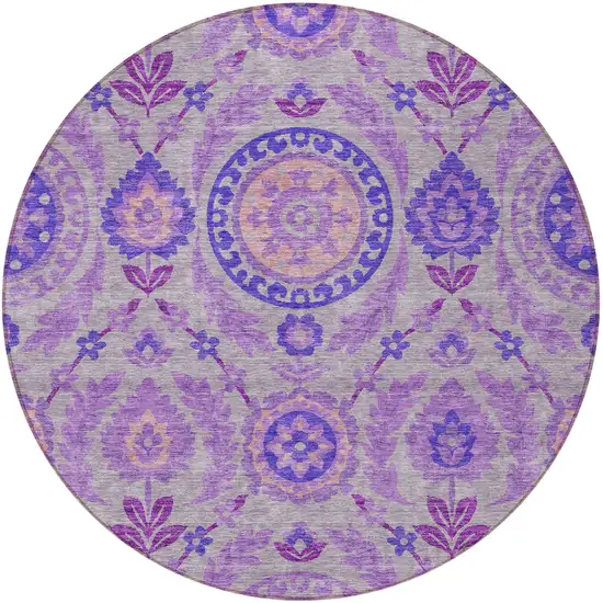 8' Lavender Lilac And Gray Round Floral Washable Indoor Outdoor Area Rug Photo 5