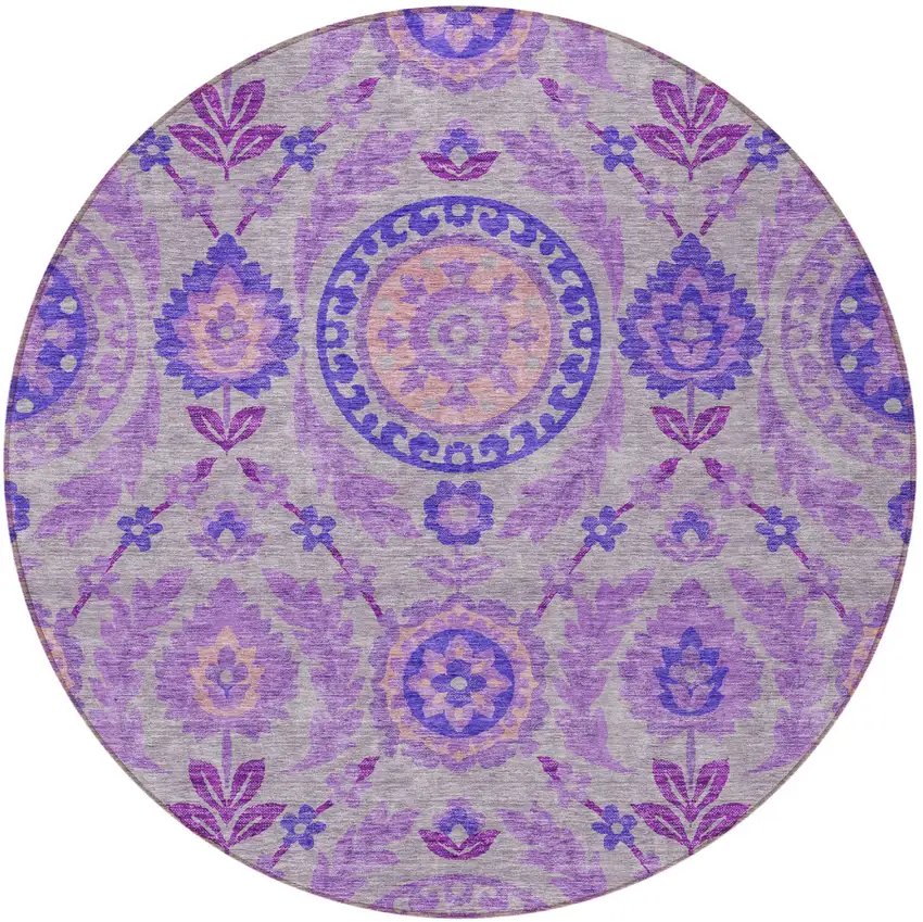 8' Lavender Lilac And Gray Round Floral Washable Indoor Outdoor Area Rug Photo 5
