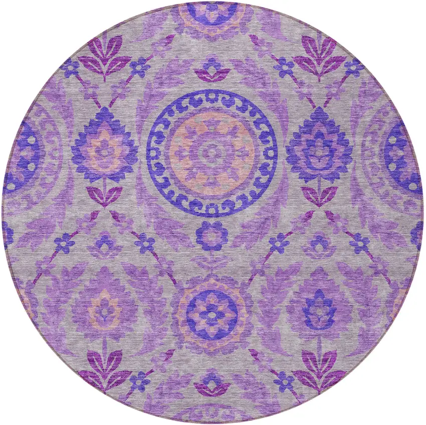 8' Lavender Lilac And Gray Round Floral Washable Indoor Outdoor Area Rug Photo 5