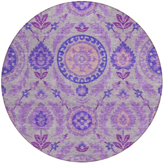 8' Lavender Lilac And Gray Round Floral Washable Indoor Outdoor Area Rug Photo 1