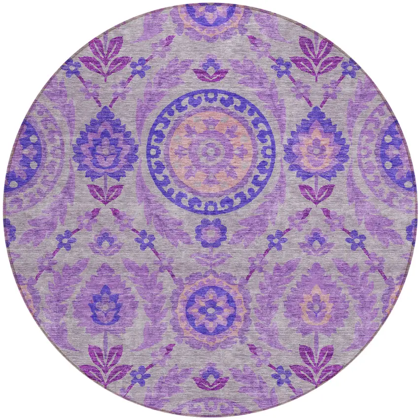 8' Lavender Lilac And Gray Round Floral Washable Indoor Outdoor Area Rug Photo 1