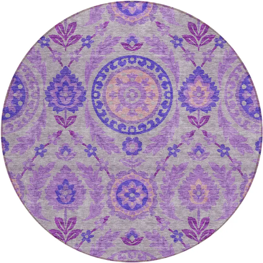 8' Lavender Lilac And Gray Round Floral Washable Indoor Outdoor Area Rug Photo 1