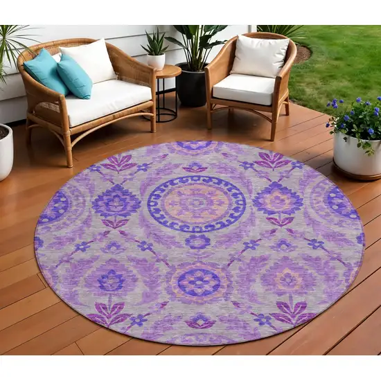 8' Lavender Lilac And Gray Round Floral Washable Indoor Outdoor Area Rug Photo 1