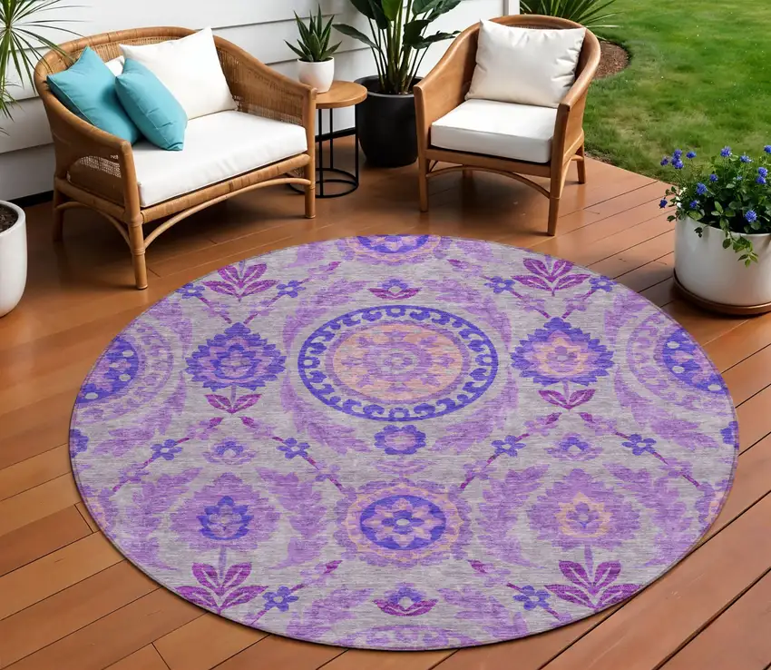 8' Lavender Lilac And Gray Round Floral Washable Indoor Outdoor Area Rug Photo 1