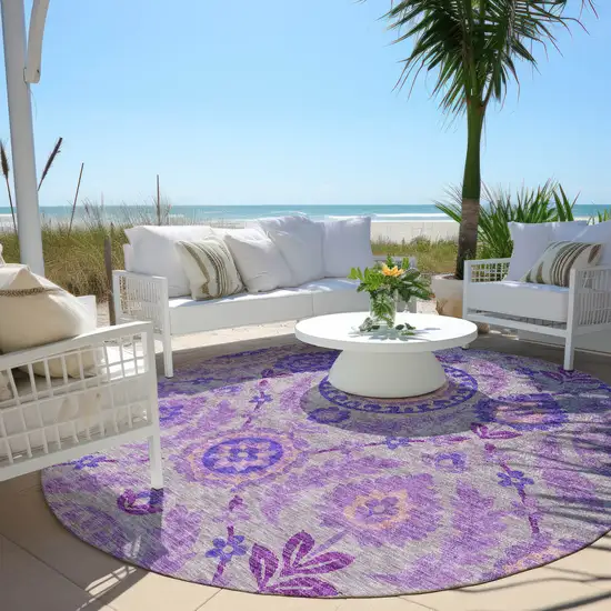 8' Lavender Lilac And Gray Round Floral Washable Indoor Outdoor Area Rug Photo 6