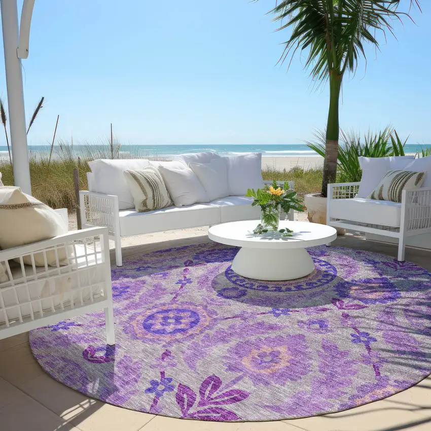 8' Lavender Lilac And Gray Round Floral Washable Indoor Outdoor Area Rug Photo 6
