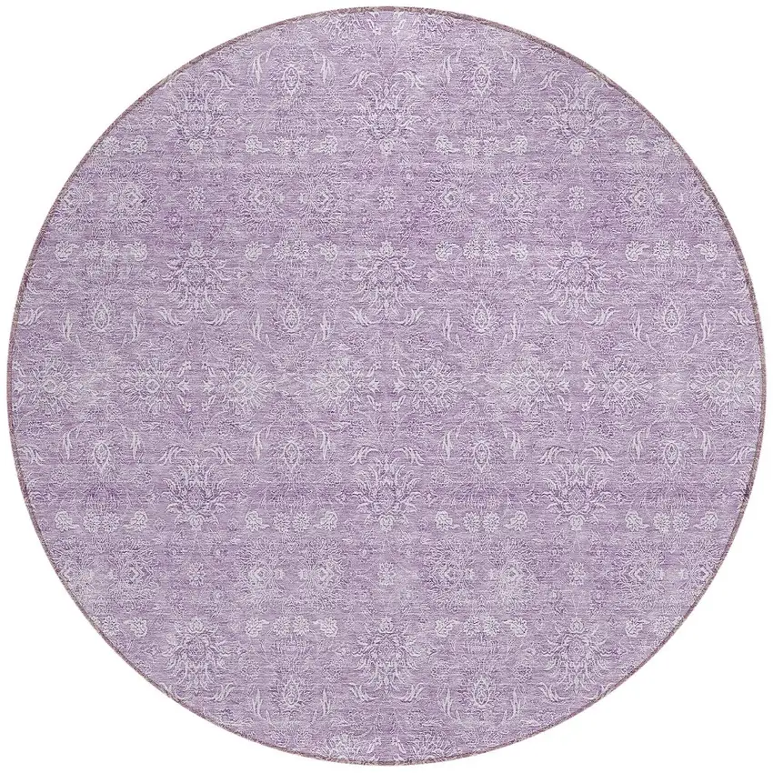 8' Lavender Lilac And Ivory Round Floral Washable Indoor Outdoor Area Rug Photo 4