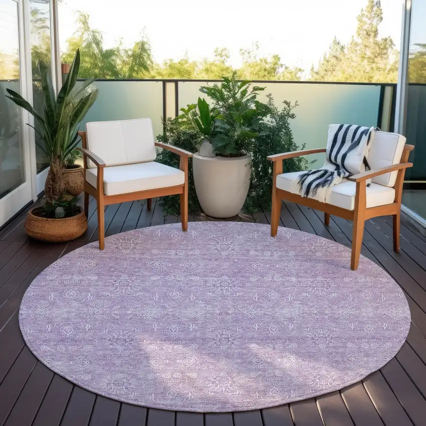 8' Lavender Lilac And Ivory Round Floral Washable Indoor Outdoor Area Rug Photo 5