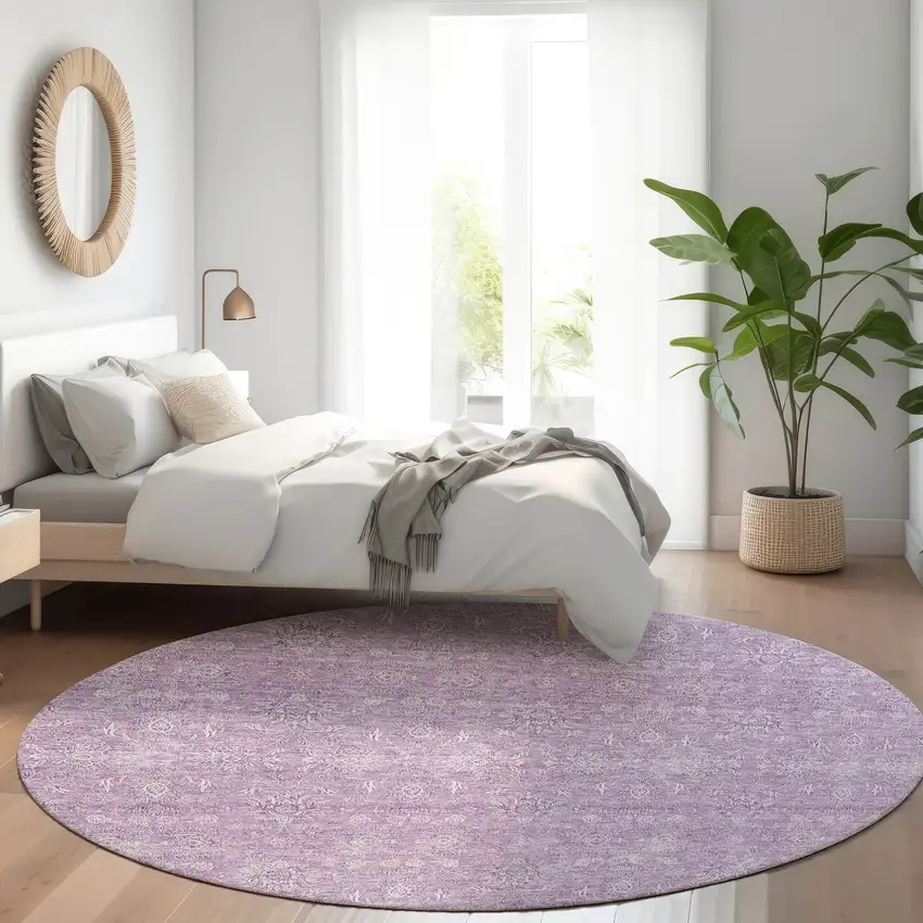 8' Lavender Lilac And Ivory Round Floral Washable Indoor Outdoor Area Rug Photo 6
