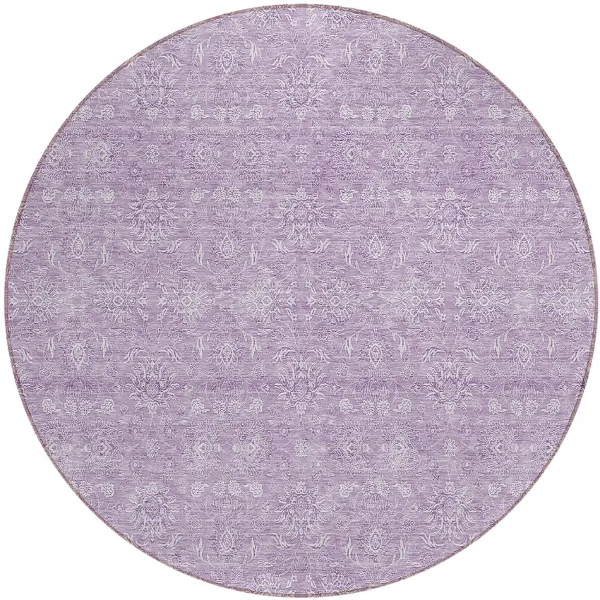 8' Lavender Lilac And Ivory Round Floral Washable Indoor Outdoor Area Rug Photo 1