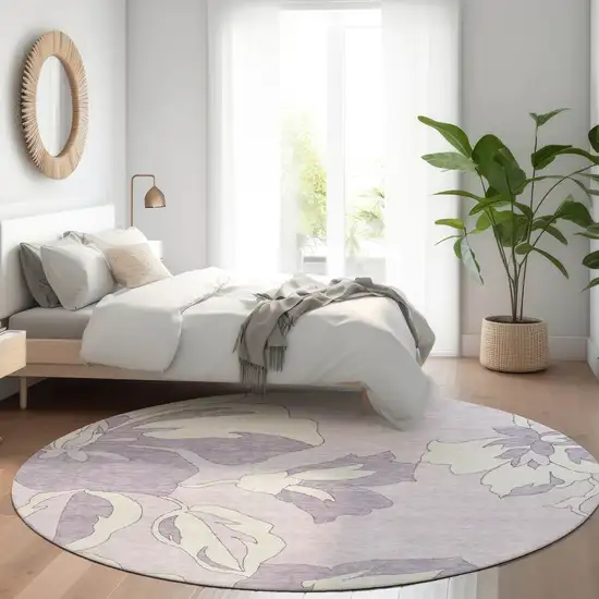 8' Lavender Lilac And Ivory Round Floral Washable Indoor Outdoor Area Rug Photo 9
