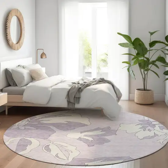8' Lavender Lilac And Ivory Round Floral Washable Indoor Outdoor Area Rug Photo 9
