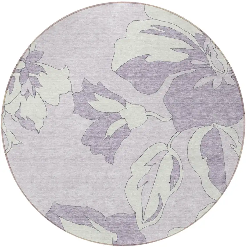 8' Lavender Lilac And Ivory Round Floral Washable Indoor Outdoor Area Rug Photo 7