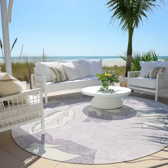 8' Lavender Lilac And Ivory Round Floral Washable Indoor Outdoor Area Rug Photo 8