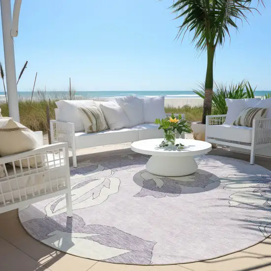 8' Lavender Lilac And Ivory Round Floral Washable Indoor Outdoor Area Rug Photo 8