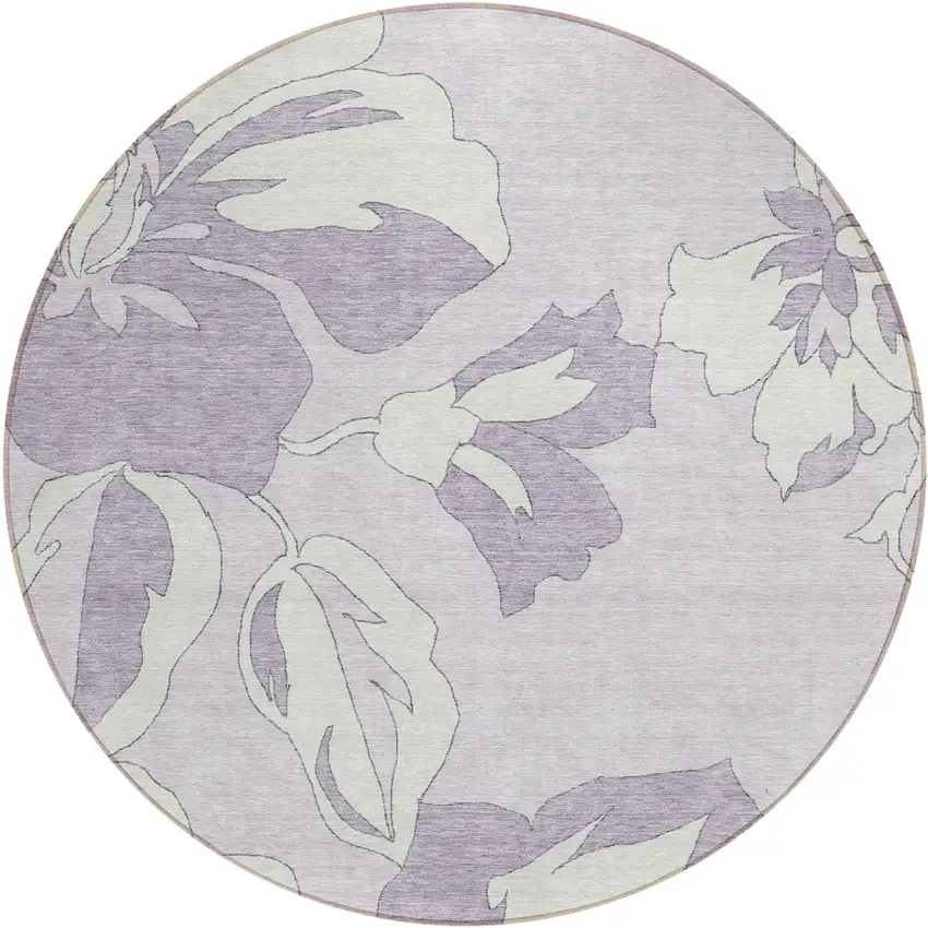 8' Lavender Lilac And Ivory Round Floral Washable Indoor Outdoor Area Rug Photo 2
