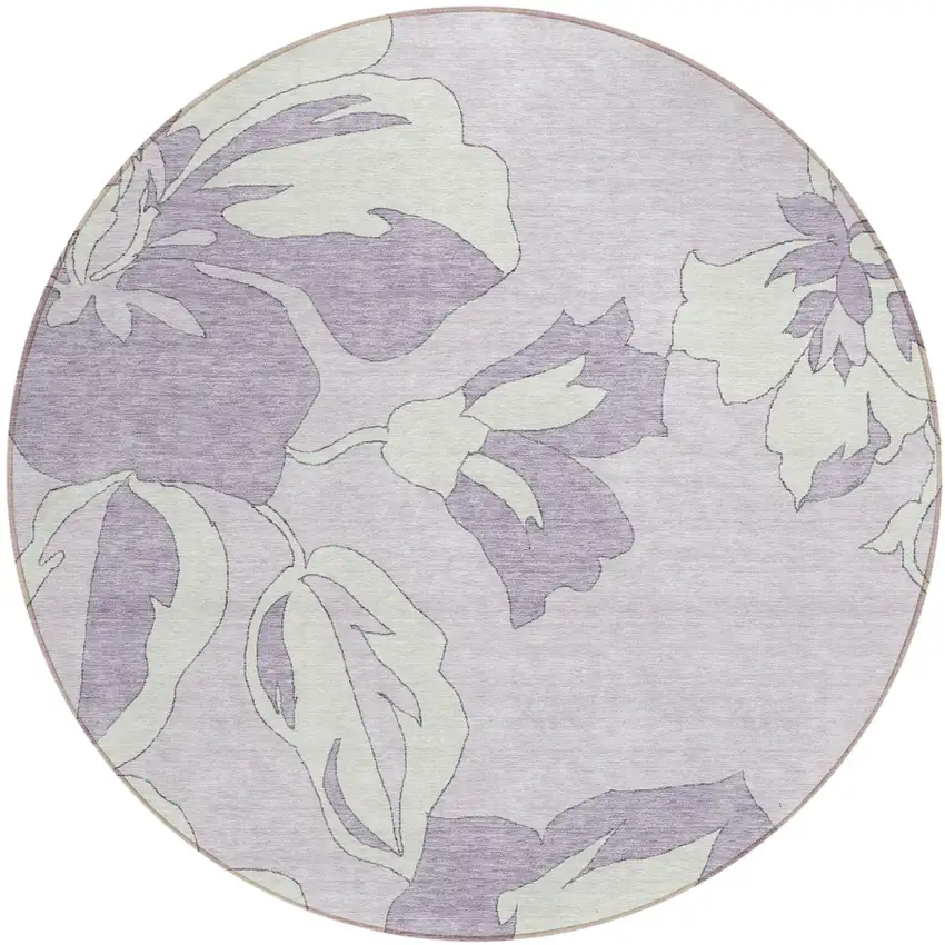 8' Lavender Lilac And Ivory Round Floral Washable Indoor Outdoor Area Rug Photo 2
