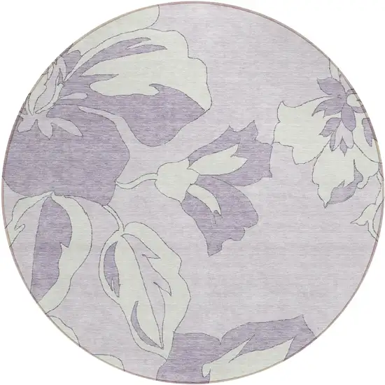 8' Lavender Lilac And Ivory Round Floral Washable Indoor Outdoor Area Rug Photo 2