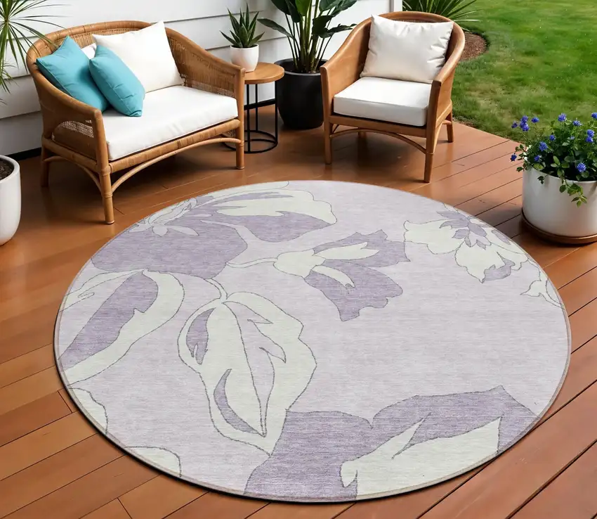 8' Lavender Lilac And Ivory Round Floral Washable Indoor Outdoor Area Rug Photo 1