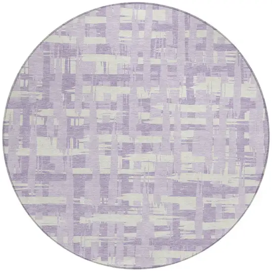 8' Lavender Lilac And Ivory Round Striped Washable Indoor Outdoor Area Rug Photo 3