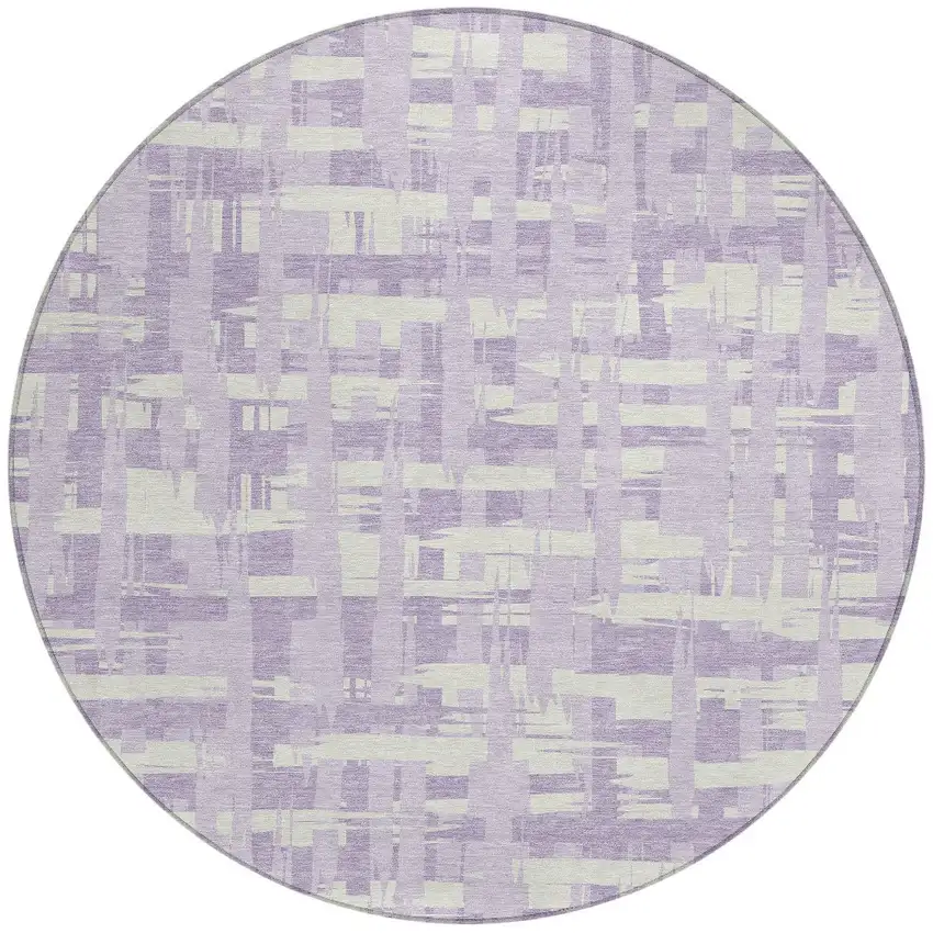 8' Lavender Lilac And Ivory Round Striped Washable Indoor Outdoor Area Rug Photo 3