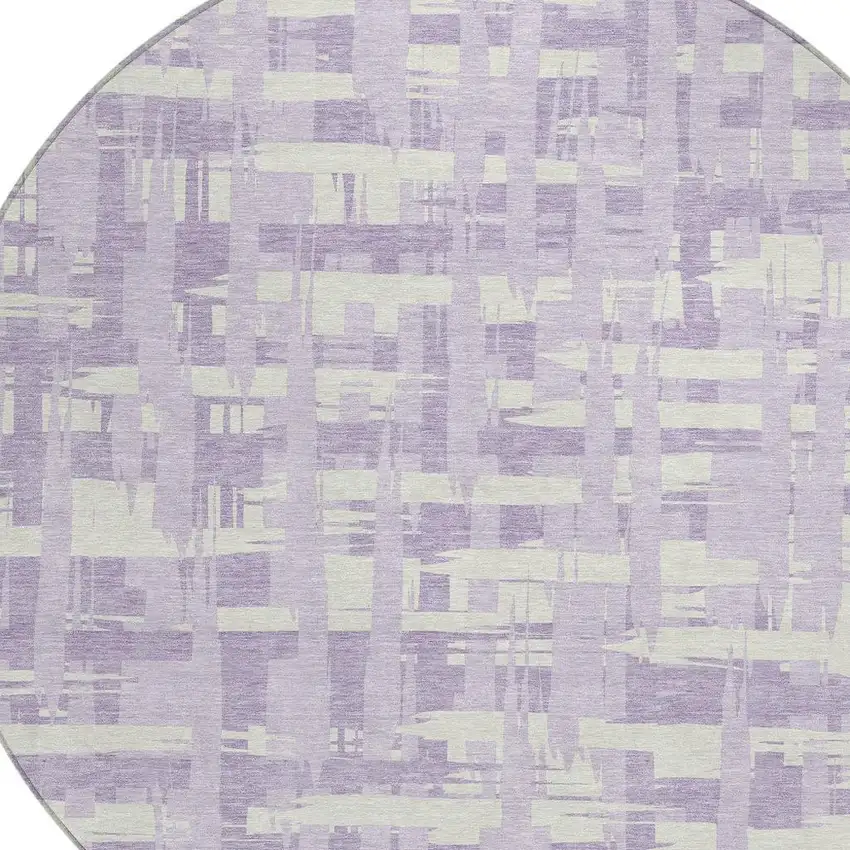 8' Lavender Lilac And Ivory Round Striped Washable Indoor Outdoor Area Rug Photo 4