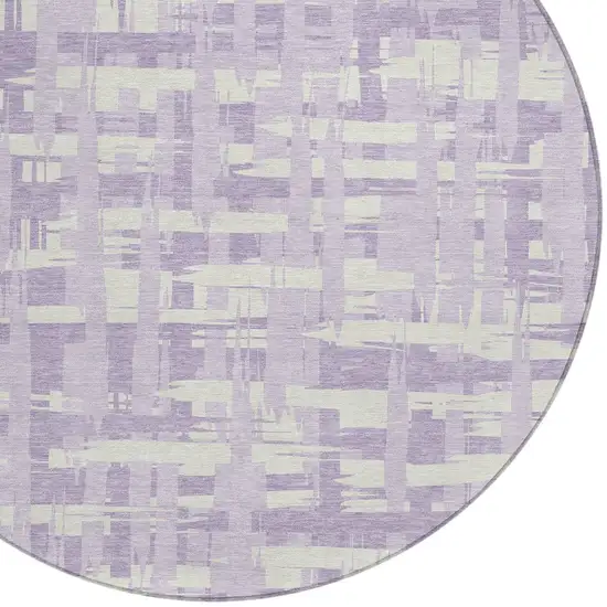 8' Lavender Lilac And Ivory Round Striped Washable Indoor Outdoor Area Rug Photo 8