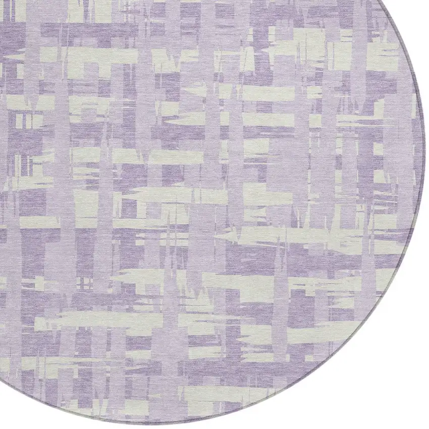 8' Lavender Lilac And Ivory Round Striped Washable Indoor Outdoor Area Rug Photo 8