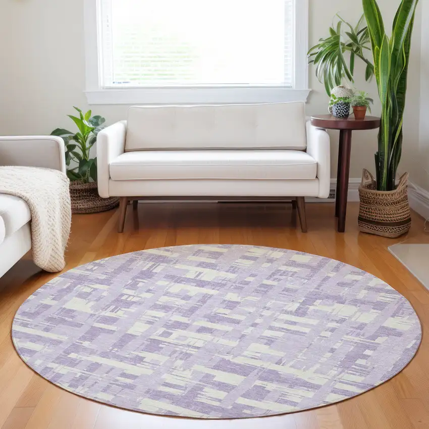 8' Lavender Lilac And Ivory Round Striped Washable Indoor Outdoor Area Rug Photo 6