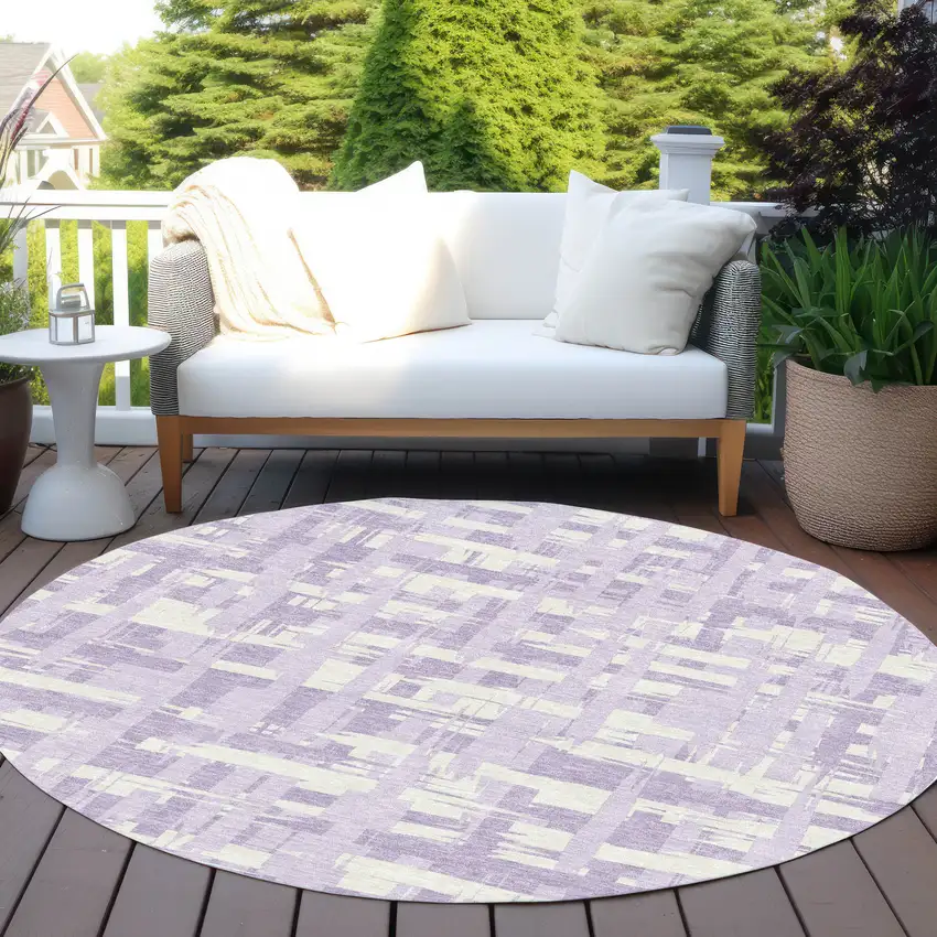8' Lavender Lilac And Ivory Round Striped Washable Indoor Outdoor Area Rug Photo 5
