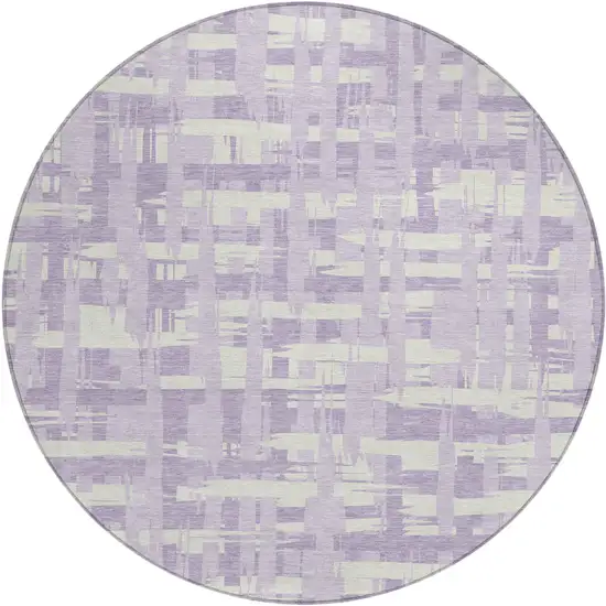 8' Lavender Lilac And Ivory Round Striped Washable Indoor Outdoor Area Rug Photo 1