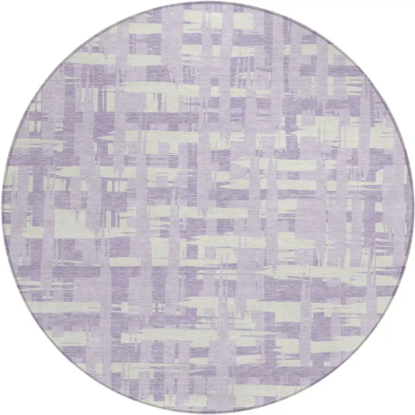8' Lavender Lilac And Ivory Round Striped Washable Indoor Outdoor Area Rug Photo 1