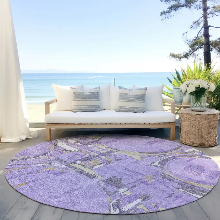 8' Lavender Lilac And Purple Round Geometric Washable Indoor Outdoor Area Rug Photo 7