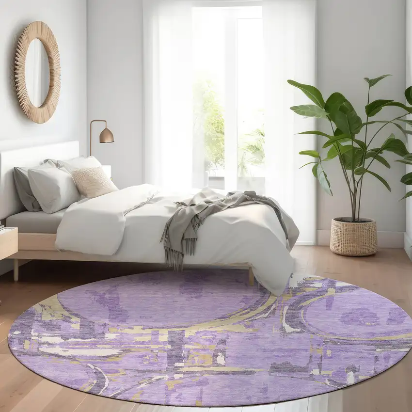 8' Lavender Lilac And Purple Round Geometric Washable Indoor Outdoor Area Rug Photo 8
