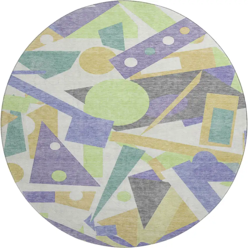 8' Lavender Lime Green And Gold Geometric Washable Round Rug With UV Protection Photo 1