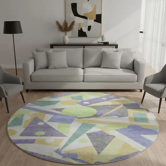 8' Lavender Lime Green And Gold Geometric Washable Round Rug With UV Protection Photo 2