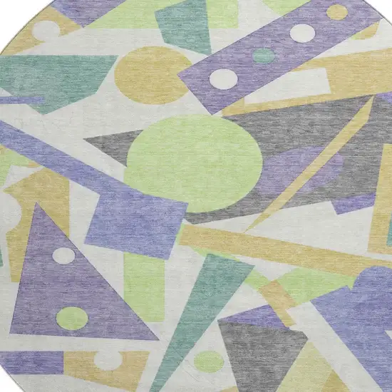 8' Lavender Lime Green And Gold Geometric Washable Round Rug With UV Protection Photo 2
