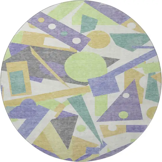 8' Lavender Lime Green And Gold Geometric Washable Round Rug With UV Protection Photo 3